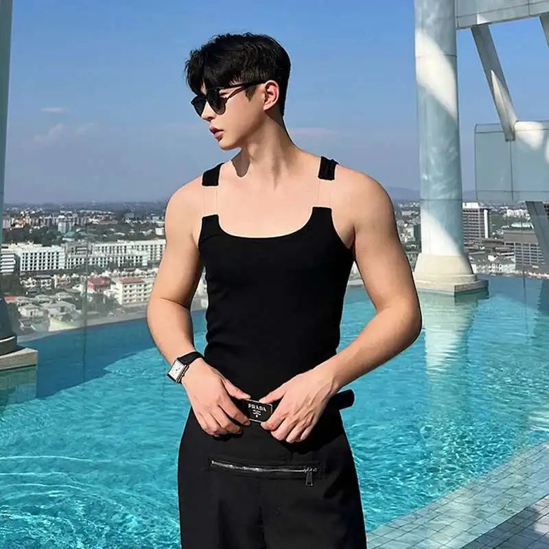 2025 New Fashion Male Vest Patchwork Personality Sleeveless Top Men's Solid Color Slim T-shirt Spring Trendy 9A8204 voguable
