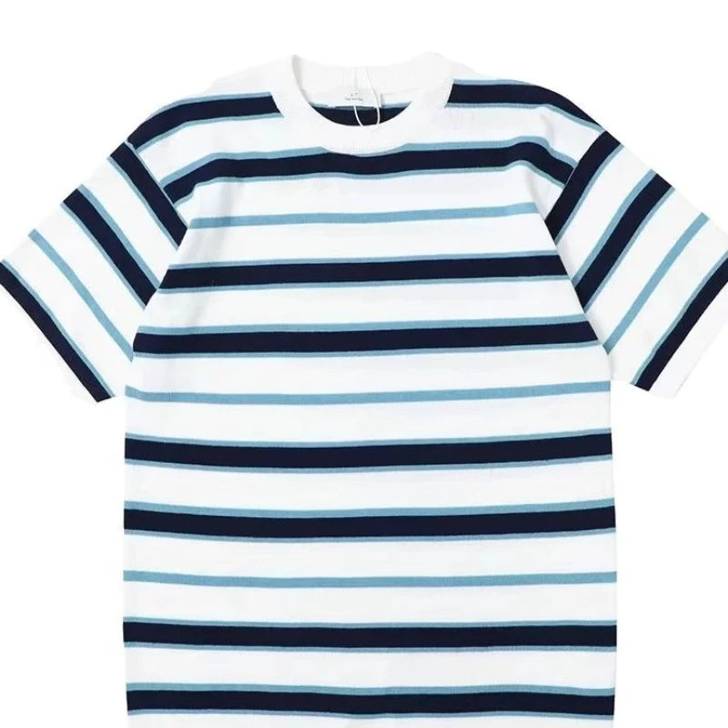 Voguable  Retro American Casual Short-sleeved T-shirt for Men Round Neck Short-sleeved T-shirt Base Shirt for Summer New Stripes for Men voguable