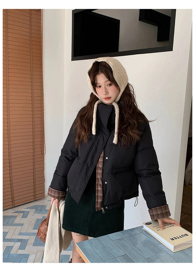 Winter Retro Puffy Parkas Women Warm Thick Plaid Patchwork Cute Coat Casual Preppy Style Korean Long Sleeve Cotton Jackets voguable