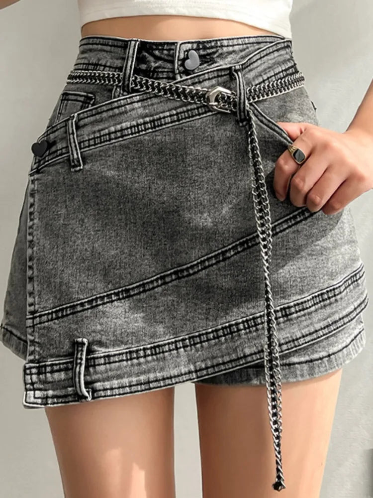 Fashion Women's Denim Skirt New High Waist Irregular Chain Spliced Gray Above Knee Skirts Female Tide Summer