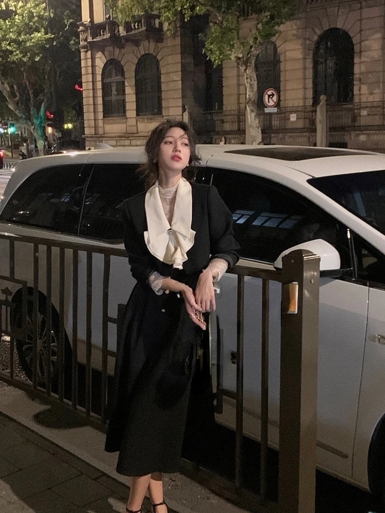 Voguable  Elegant 2 Piece Dress Set Women Long Sleeve Crop Tops + Casual Black Midi Skirt Autumn Slim Retro Office Lady Korean Suits voguable