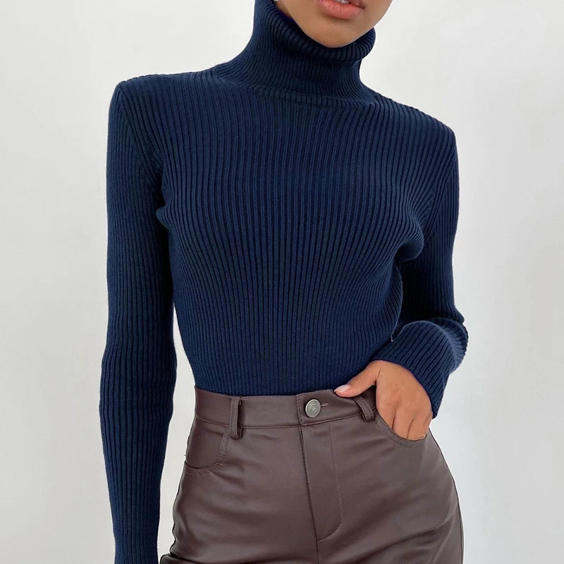 Elegant Solid Basic Knitted Tops Women Turtlneck Sweater Long Sleeve Casual Slim Pullover Korean Fashion Simple Chic Clothes voguable