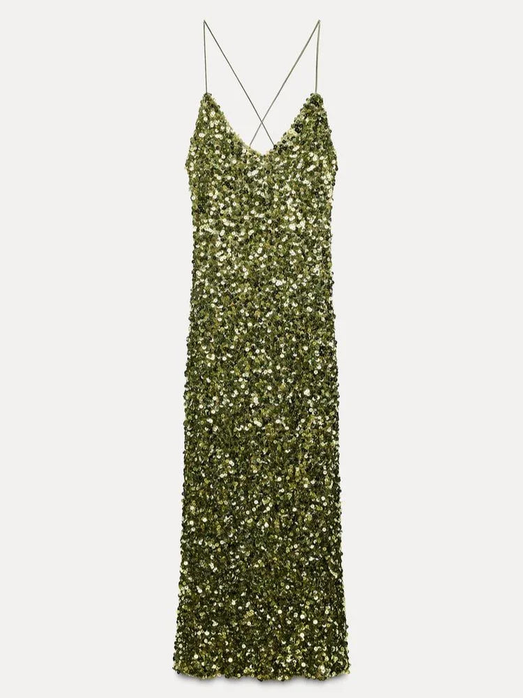 Women's Green Sequin Backless Sling Dress Sexy Sleeveless Off Shoulder Slim Vestidos Elegant Female Evening Party Long Robes voguable