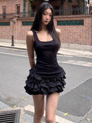 Black Sweet Camis Dress Women Summer Fashion Ruffle Patchwork Streetwear Tutu Dress Sexy Slim Sleeveless Mini Vestidos Female voguable