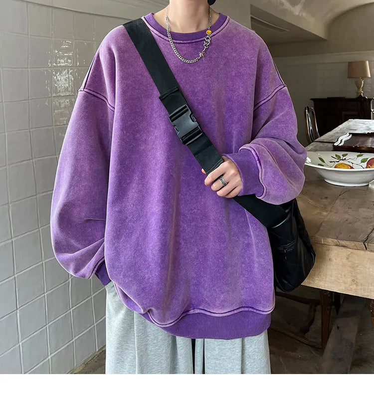 American Washed Old Pullovers Sweatshirts Men Loose Solid Color Autumn Large Size Warm O Neck Tops Hip Hop Y2k Sweatshirt voguable
