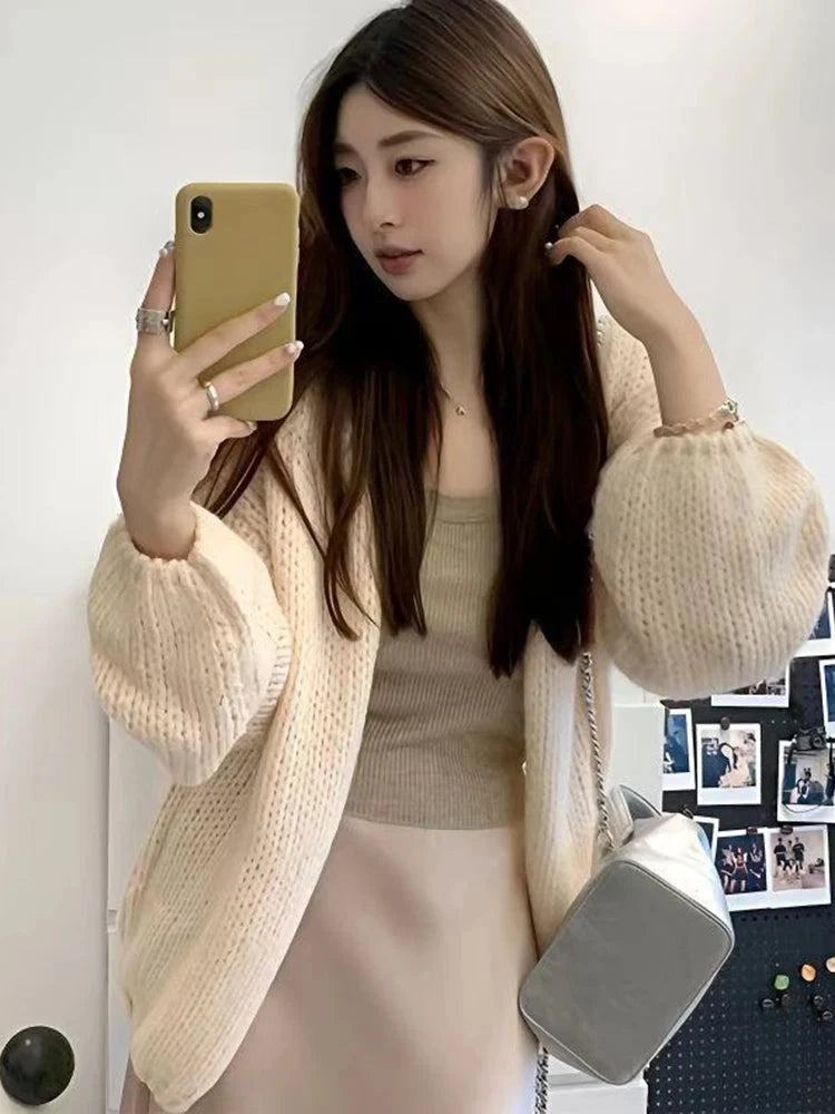 Lazy Wind Retro Cardigan Women Casual Loose Long Sleeve Korean Knitted Sweaters Coats Vintage Fall Winter Simple Solid Tops New voguable