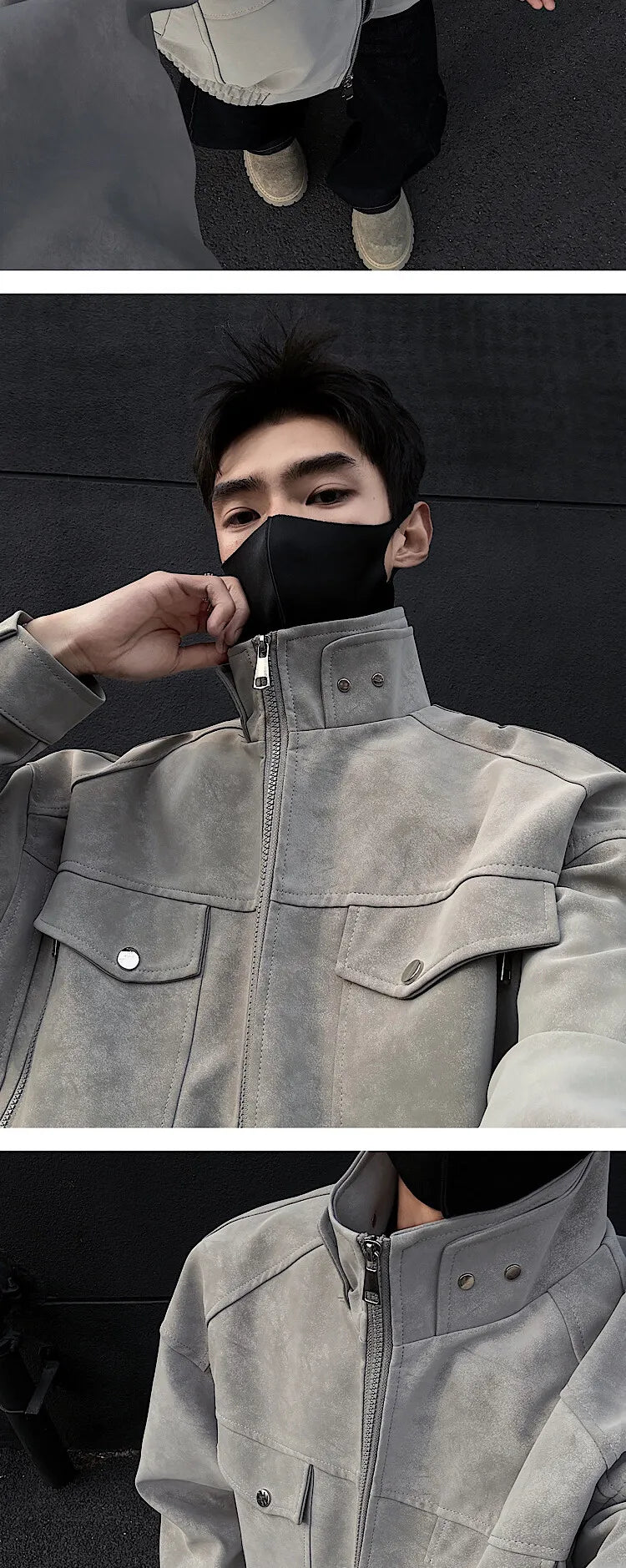 Mens Short Stand Collar Motorcycle Jacket Patchwork Cargo Biker Coat Spring Outdoor Riding Fashion Streetwear Urban Trendy voguable
