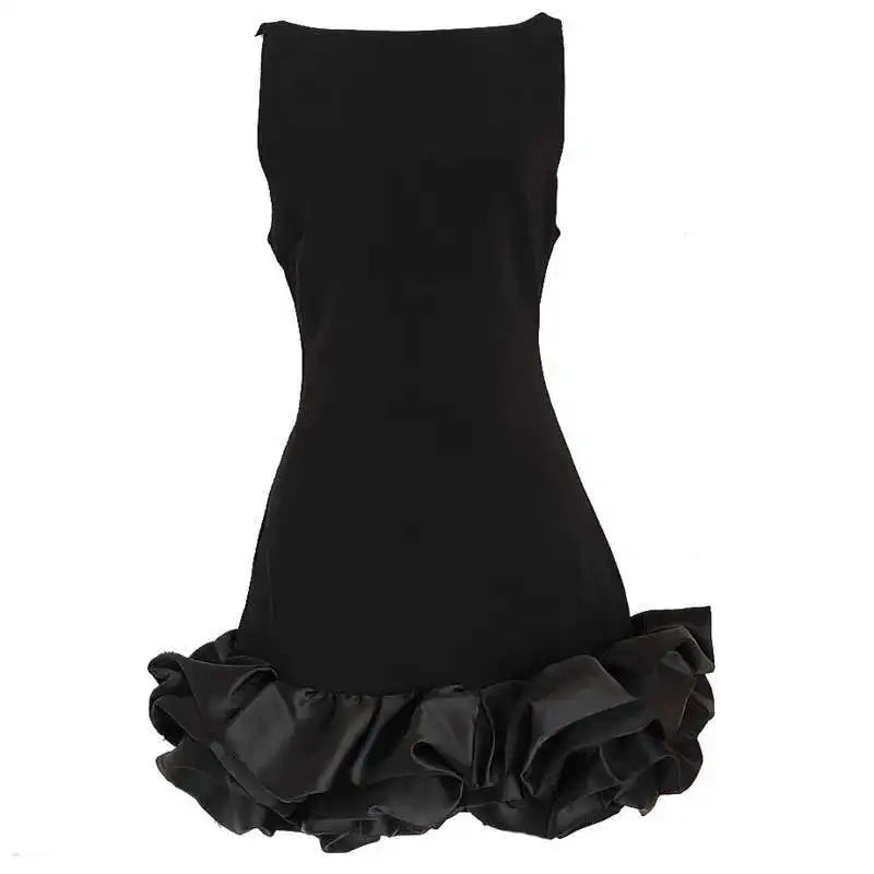 Spring French Style Splicing Halter Dress Woman Backless Slash Neck Solid Sleeveless Short Dresses Wave Cut voguable