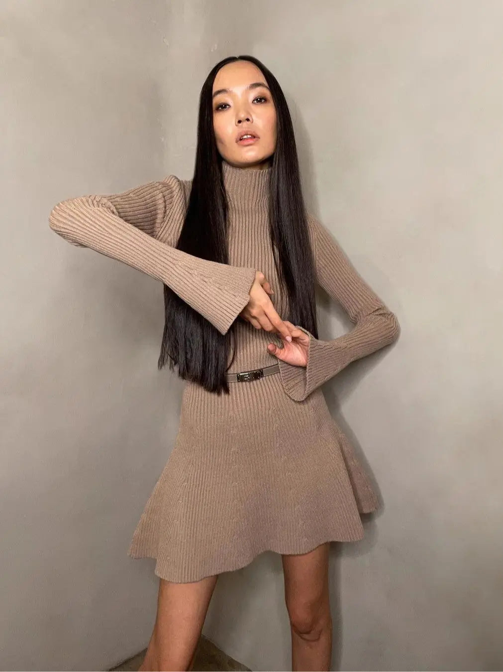 Women Elegant Solid Knitted Mini Dress Fashion Long Sleeve O Neck Ribbed Dresses Autumn Winter Female Streetwear Robes voguable
