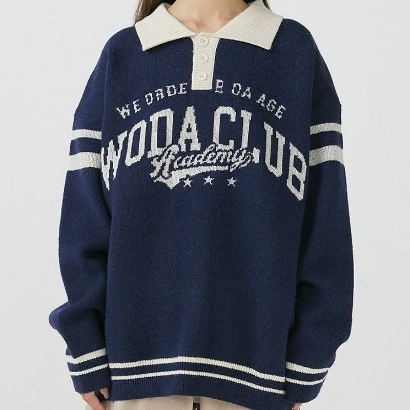 Voguable American Letter Embroidery Half Button POLO Shirts Oversized Sweater Brown Pullover Korean Preppy Girls Warm Winter Clothes voguable