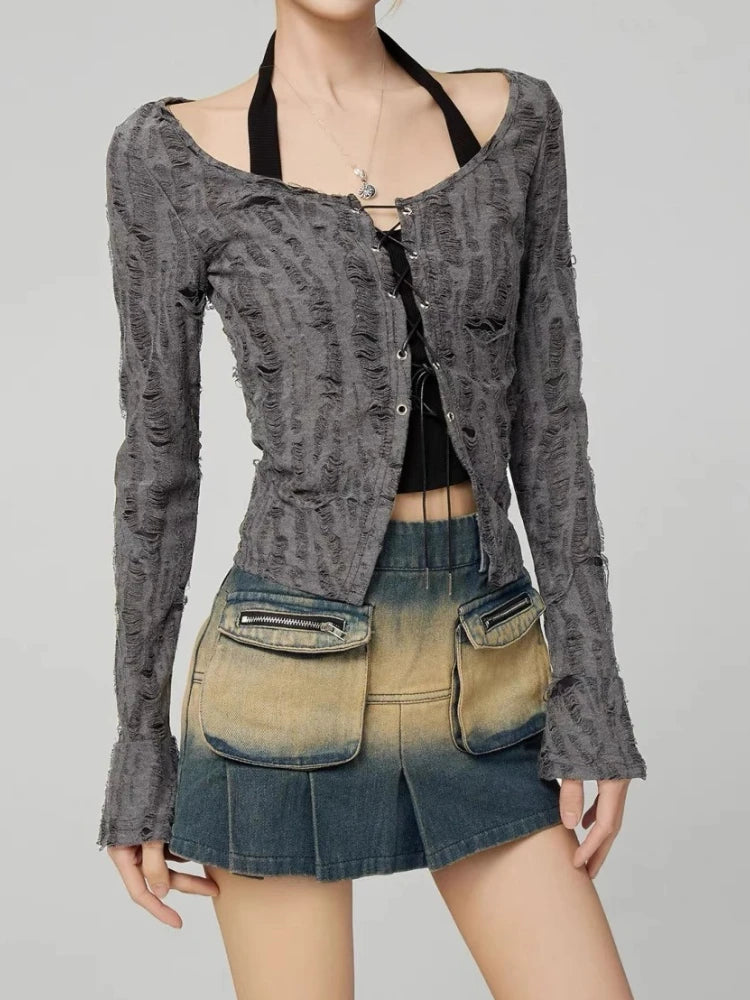 Destressed Two Piece Set Lace-up Cardigan with Cami Women's Y2K Grunge Crop Long Sleeve Criss Cross Knit Tops Acubi Outfit voguable