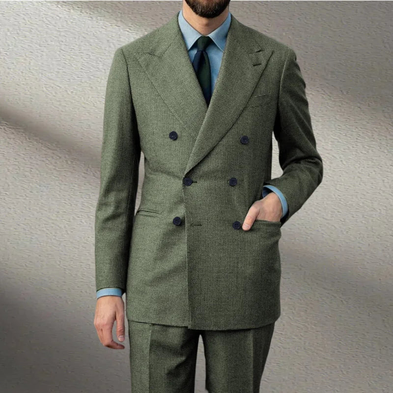 Voguable  Spring 2 Piece Woolen Blend Men's Suit  Set Tailored Double Breasted Lapel Jacket Blazer Elastic Pants Wedding Part Prom Dinner voguable