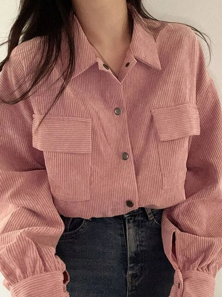 Vintage Corduroy Cropped Jacket Women Korean Fashion Long Sleeve Drawstring Blouses Female Casual Loose Single Breasted Coats voguable