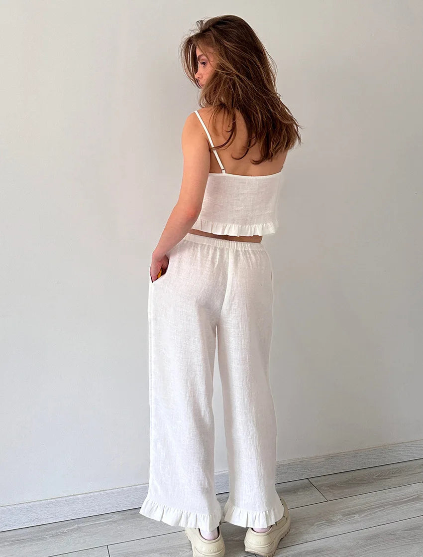 100% Cotton Ruffle Camisole And Loose Long Trouser Two Piece Set 2025 New Casual Summer Women Sets Homewear Sleepwear Pajamas voguable