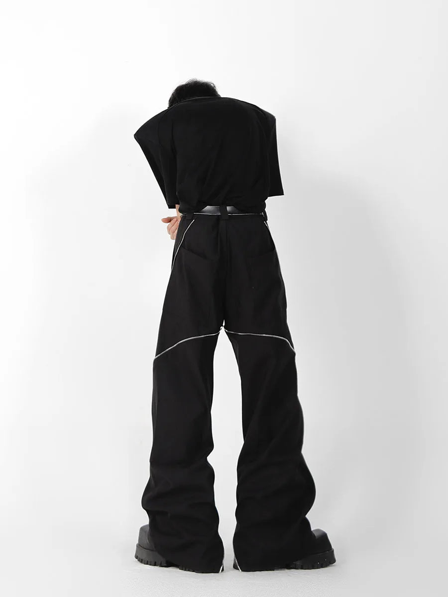 American Trendy Brand Men Black Zipper Design Slit Slightly Flared Pants Vertical Feeling Straight Casual Pants Retro Trousers gotmes-shop
