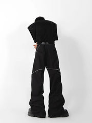 American Trendy Brand Men Black Zipper Design Slit Slightly Flared Pants Vertical Feeling Straight Casual Pants Retro Trousers gotmes-shop
