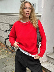 Solid Knit O-neck Elegant Women Pullover Long Sleeve Oversized Loose Soft Warm Sweater  Autumn Chic Casual Office Knitwears voguable