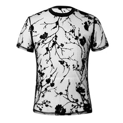Summer Men's Clothing Mesh Lace Knit T-shirt Streetwear Hollow-Out O Neck Sweater Short Sleeve Tees Rose Printed Luxury Knitwear voguable