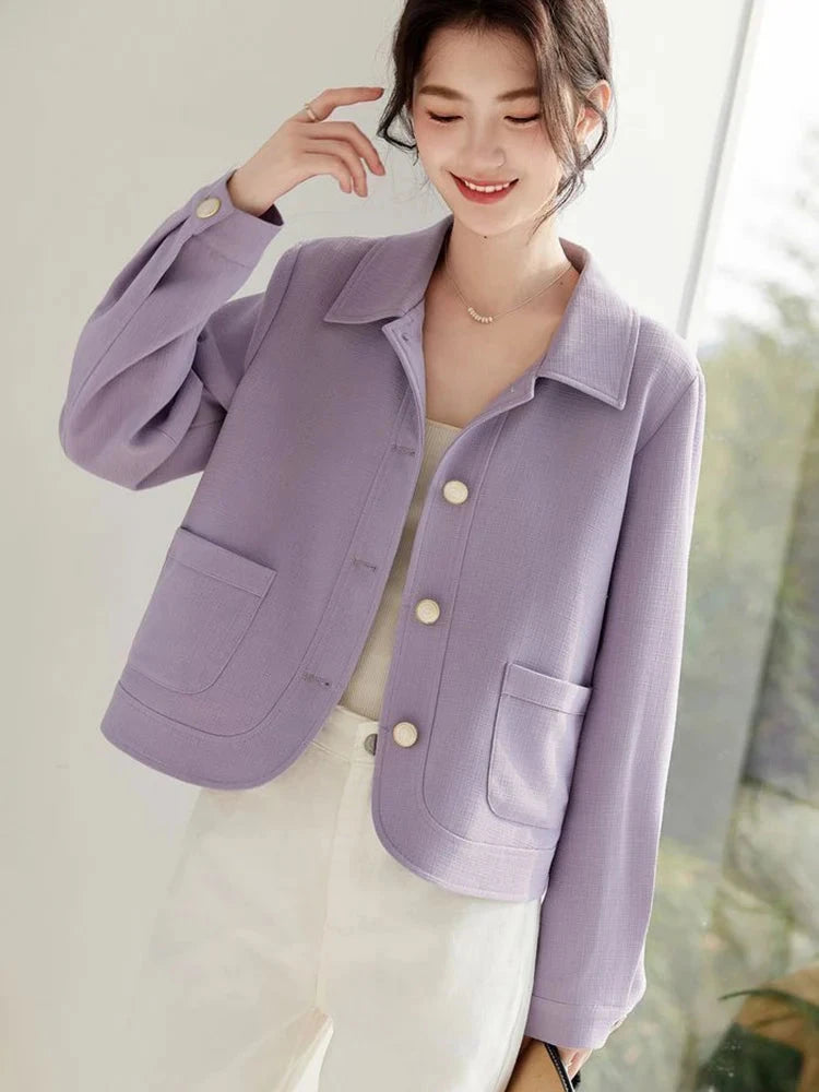Elegant Slim Purple Jacket Women Sweet Long Sleeve Small Fragrance Coat Casual Fall Winter Lady French Pockets Fashion Tops voguable