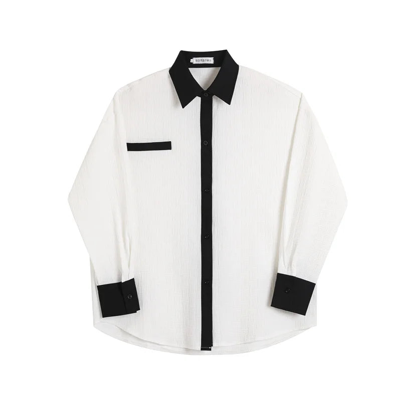 Voguable Fashion Korean Shirt Long Sleeve Color Contrast Design Edge Men's Elegant Trendy 2024 Spring Casual Loose Tops New voguable