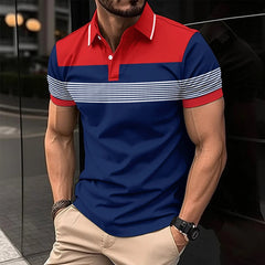 Voguable  Business Casual Men Polo Shirts Summer New Lapel Striped Button Contrast Color Streetwear Fashion Office Social Short Sleeve Top voguable