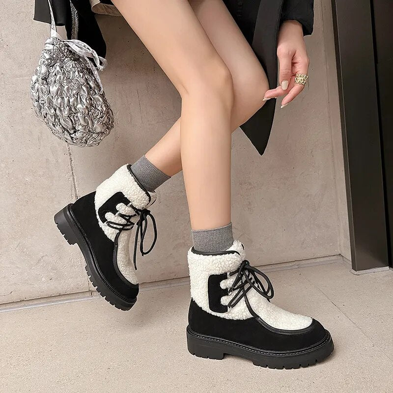 New Winter Warm Ankle Boots for Women Genuine Leather Cross-Tied Mixed Colors Snow Boots Casual Shoes Woman Leisure Boots voguable