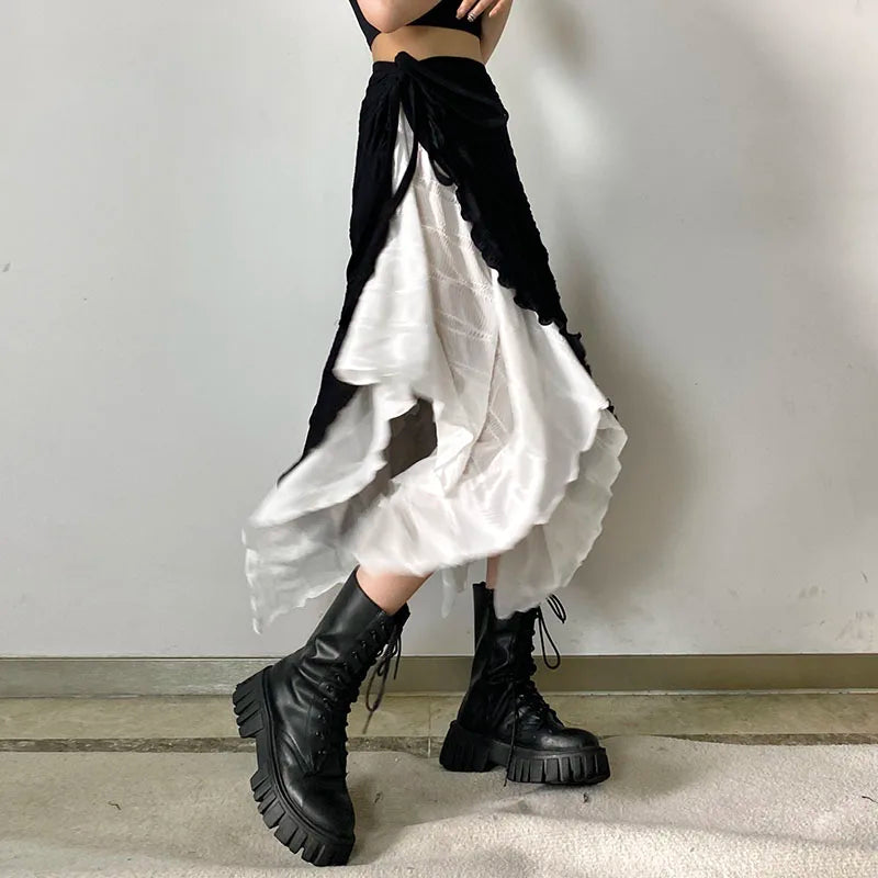 Voguable High Street Fashion Contrast Color Irregular Mesh A-Line Skirt Women 2023 Autumn New Korean Chic Lace Up Casual Mid-Length Skirt voguable