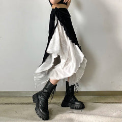 Voguable High Street Fashion Contrast Color Irregular Mesh A-Line Skirt Women 2023 Autumn New Korean Chic Lace Up Casual Mid-Length Skirt voguable