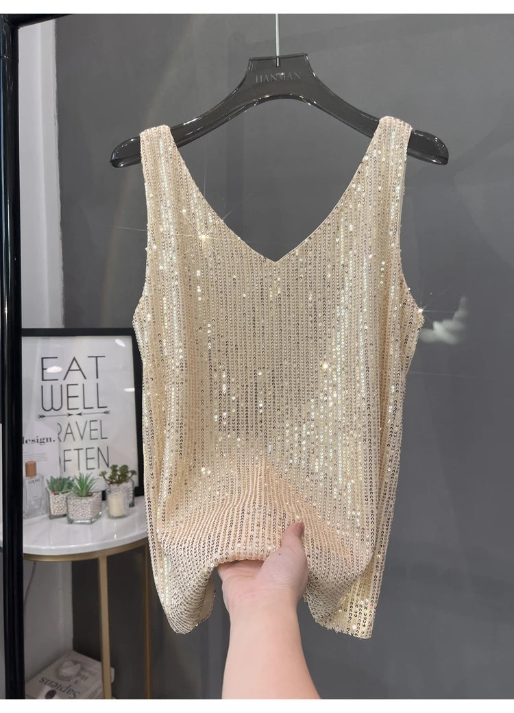Voguable  New European and American Sequined V-neck Vest Worn Inside A Suit Bottoming Shirt and Worn Outside A Sparkling Top voguable