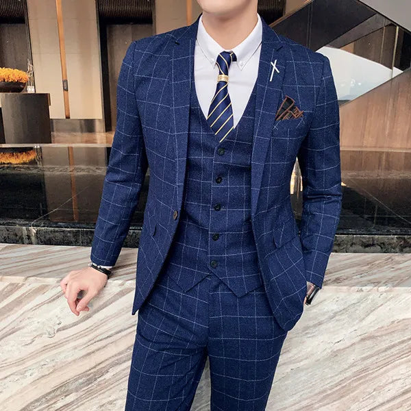 Voguable S-7XL ( Blazer + Vest + Pants ) Groom Wedding Dress Dark Plaid Classic Retro Men's Formal Business Suit Three-Piece Set voguable