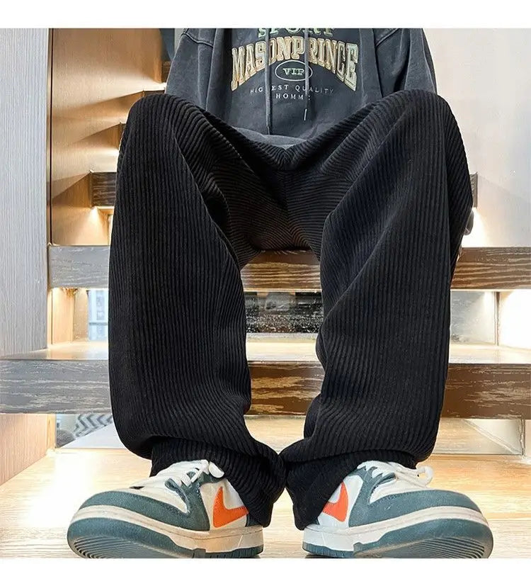 Autumn Corduroy Straight Trousers Men Loose Solid Casual Drape Trousers Harajuku Fashion Drawstring Street Wide Leg Sweatpant voguable