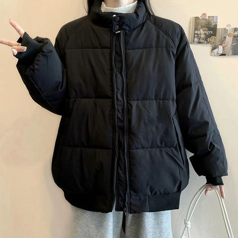 Preppy Style Sweet Pink Parkas Women Vintage Long Sleeve Winter Thick Warm Cotton Jacket Casual Stand Collar Loose Outwear voguable