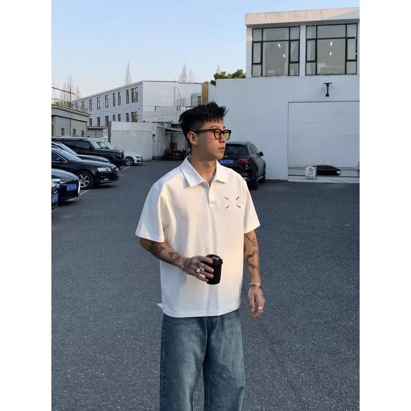 Summer New 100% Cotton High Street Hip-hop Polo Shirt Short Sleeve T-shirt Men's Japanese Casual Niche Loose Solid Color Top voguable