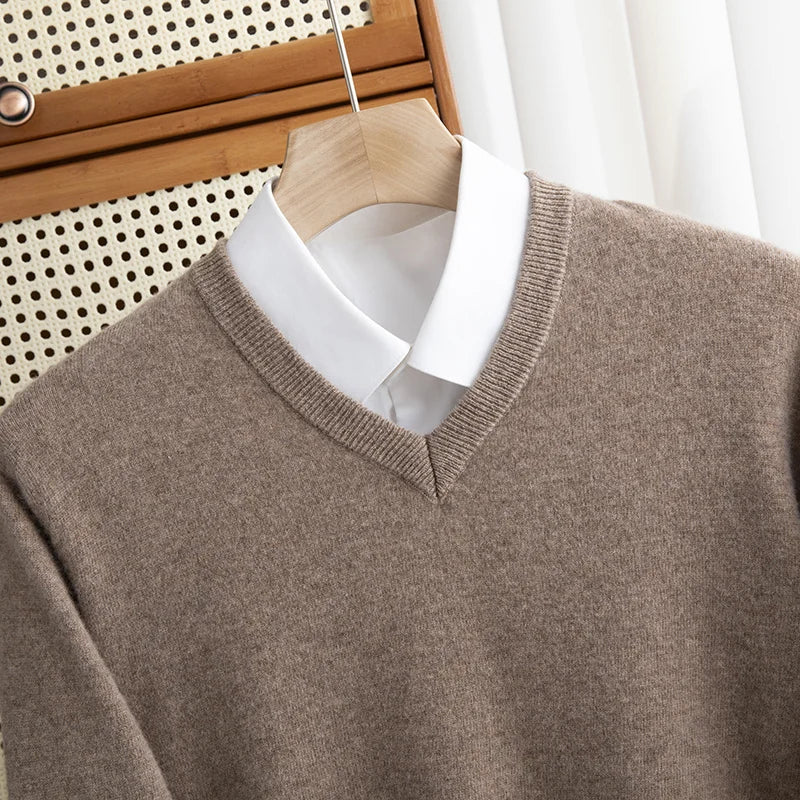 Men 100% Merino Wool Sweater V-Neck Pullover Autumn Winter Cashmere Warm Solid Knitwear Clothes Business Bottoming Soft Tops voguable
