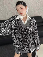 Hip Hop Hole Leopard Sweater Women Loose Streetwear Lazy Wind Y2K Knitted Jumper American Harajuku Vintage Long Sleeve Tops voguable