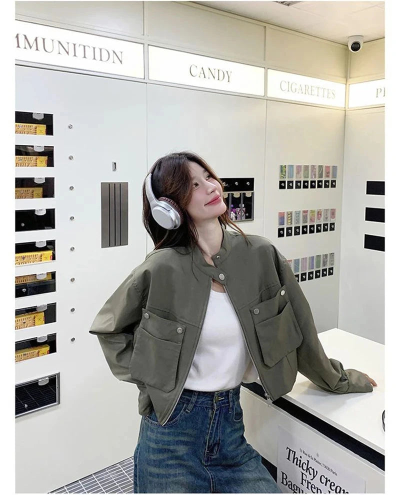 Streetwear Y2K Cropped Cargo Jacket Women Vintage Loose Pockets Harajuku Short Coat American Casual Fall O Neck Long Sleeve Tops voguable