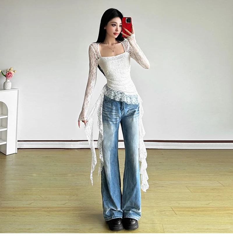 Y2K Ruffles Lace T Shirts Women Sexy Slim Long Sleeve Streetwear Tops Fashion Square Collar Irregular Design Female Tees voguable