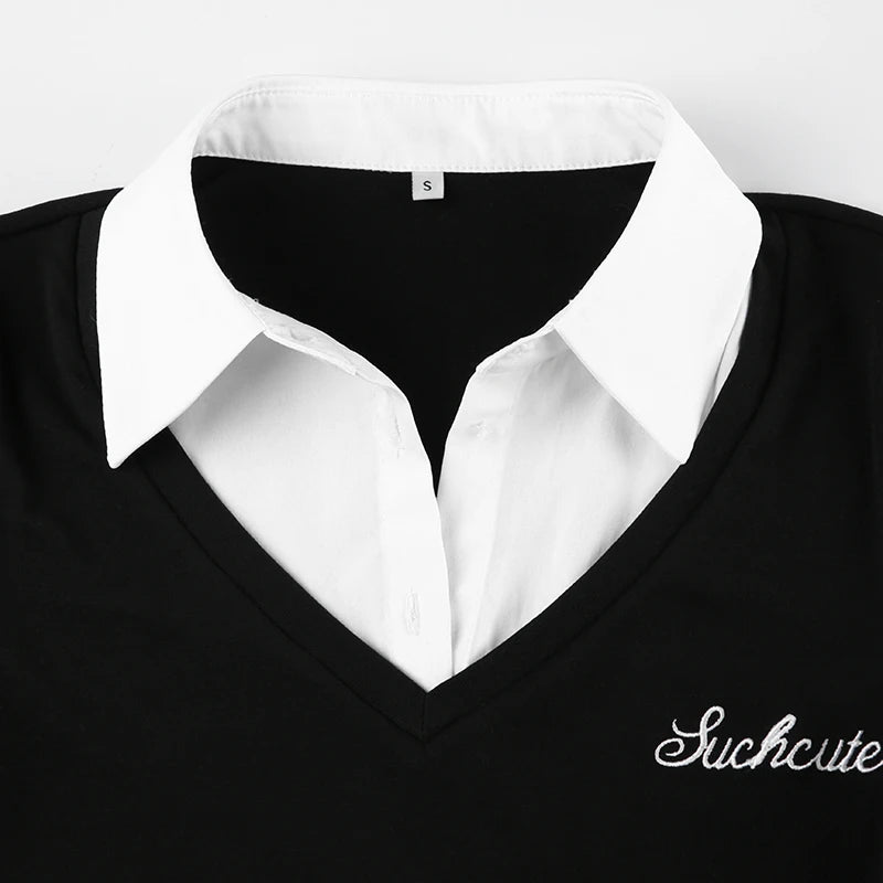 Voguable Korean Style Contrast Patchwork Top Women's Summer Preppy Style Slim-fitting Turn-down Short Sleeve T-shirts Streetwear voguable