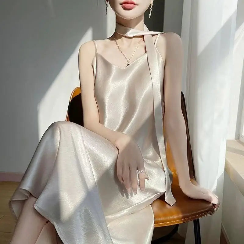 French Elegant Satin Camis Dress Women Summer Loose with Ribbon Midi Dress Female Fashion Aesthetic Party Evening Slip Dress voguable