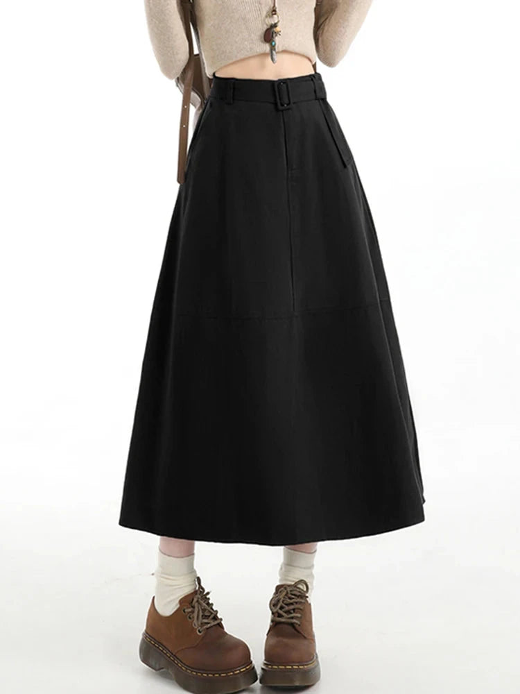 Retro Belt Long Skirt Women Casual Sweet High Waist A Line Skirts Preppy Style Fall Winter Lady Korean Vintage Long Skirts voguable