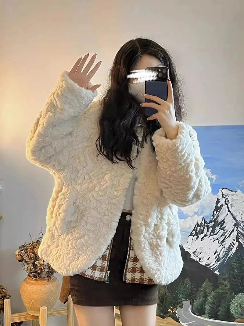 Sweet Cute Faux Lamb Coat Women Winter Thick Warm Plaid Patchwork Jacket Vintage Preppy Style Long Sleeve Kawaii Outwear Tops voguable