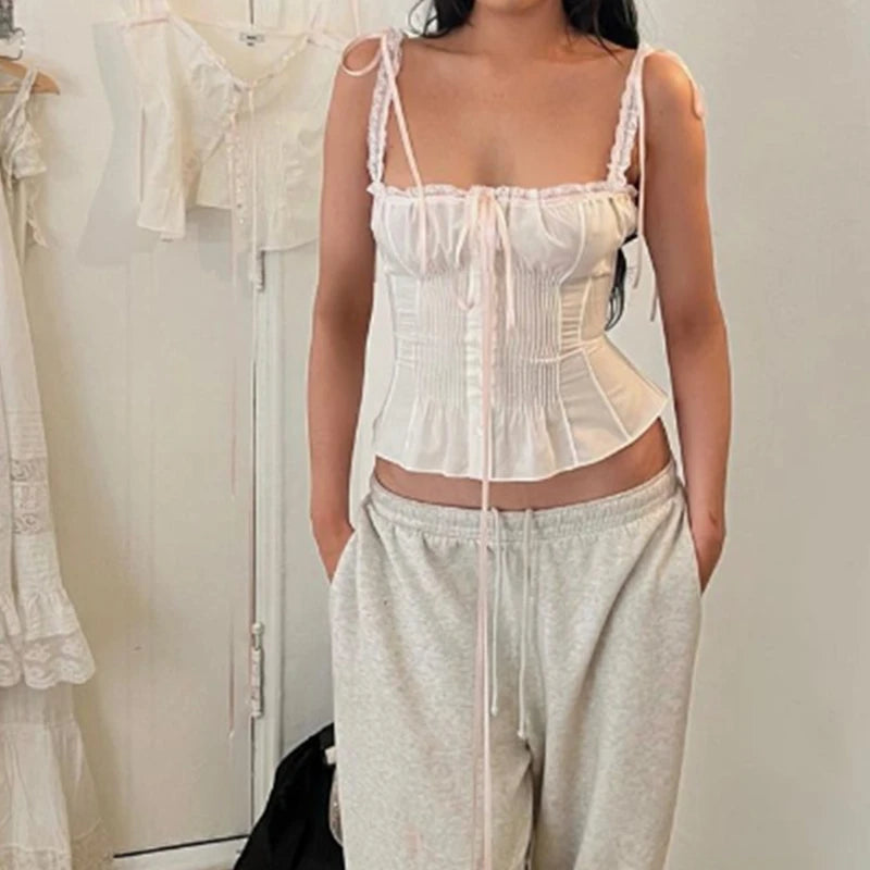 y2k Tops Women Summer Spaghetti Strap Sleeveless Bustier Corset Camisole Pleated Vest 2000s Aesthetic Clothes Clubwear voguable