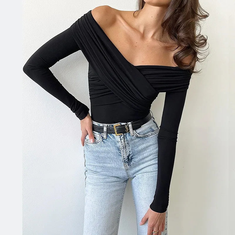 Red Sexy Off Shoulder Women's Bodysuits Fashion Crossed Folds Skinny Rompers Long Sleeve Fashion Streetwear Autumn Bodysuits New voguable
