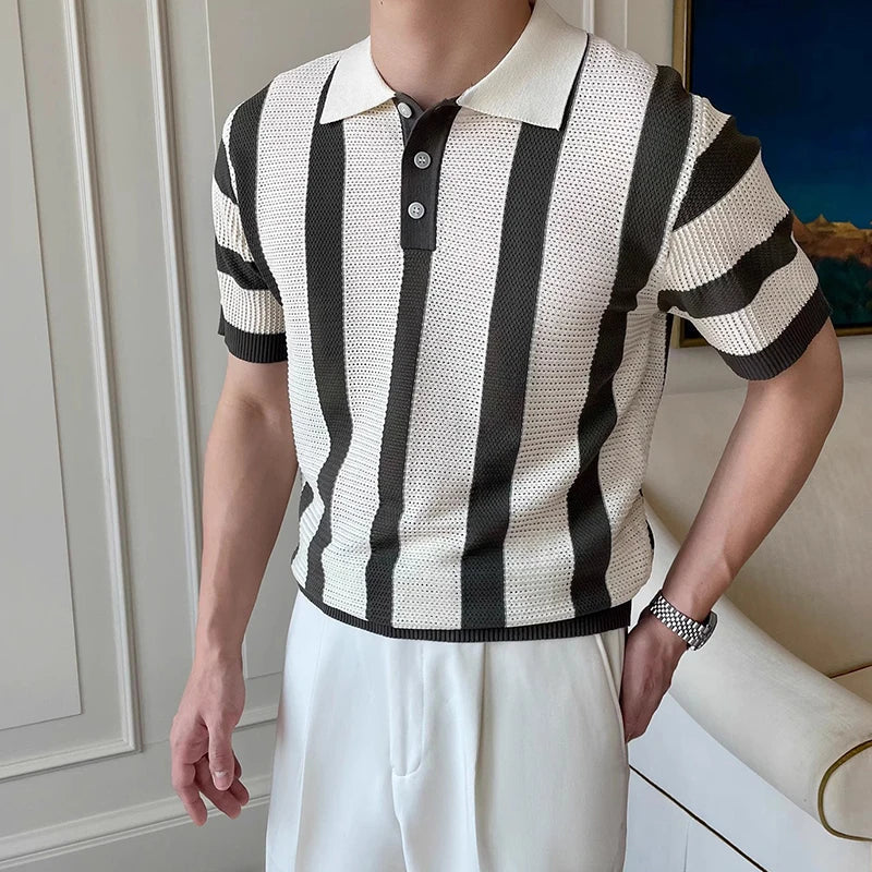 Men's Clothing Urban Fashion Striped Knit Polo Shirt Casual Business Slim Short Sleeve T-shirt Chic Hollow Out Breathable Tops voguable