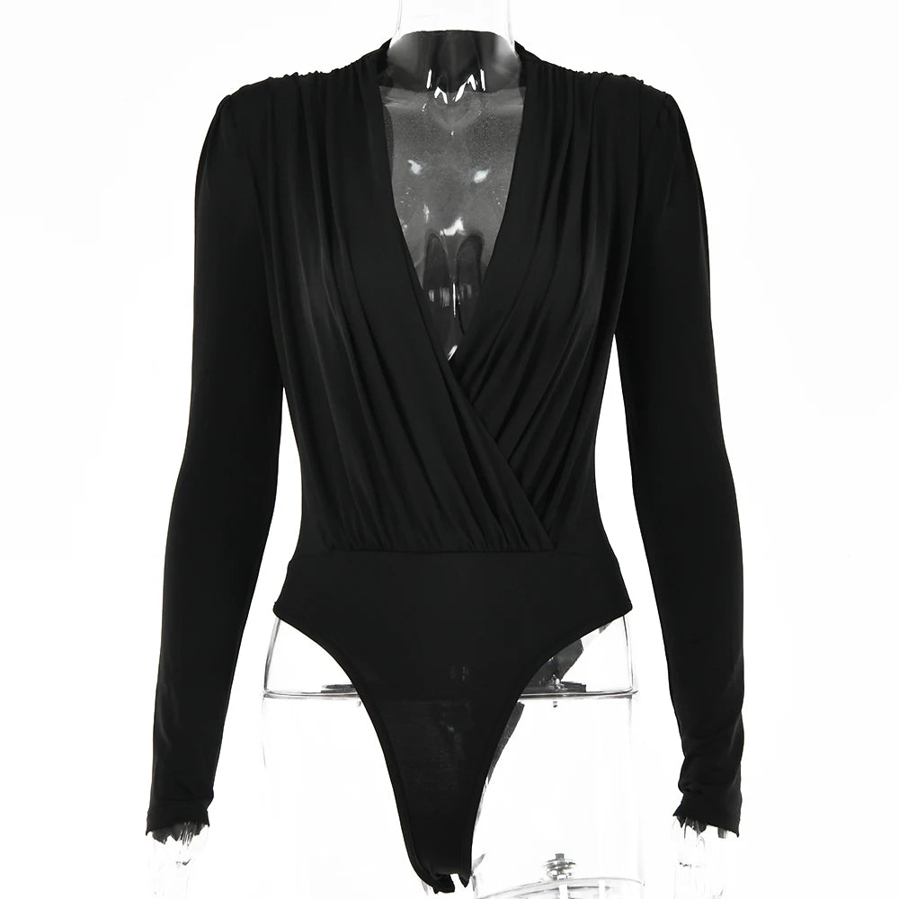 V Neck Brown Bodysuit Women Autumn Long Sleeve Top Bodies Sexy Female Overalls Casual Bodycon Bodysuits voguable