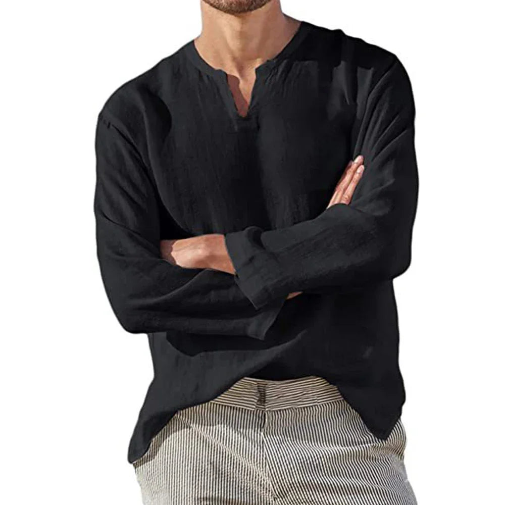 Men's Cotton Linen Shirt Cozy Solid Color Long Sleeve Breathable Tops V Neck Casual Blouse Hawaiian Shirt Lightweight Shirts voguable