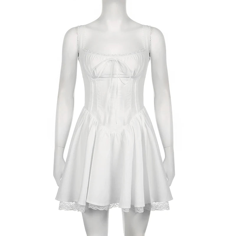 Voguable  High-quality Lace Panel A-line Dress White Coquette Party Holiday Sleeveless Mini Corset Dresses Elegant Sweet Robe New voguable