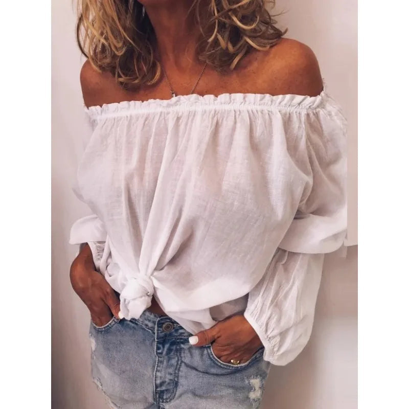 Voguable  Oversized Off Shoulder Casual Slash Neck Pleated Solid Color Long Sleeved Blouse Spring  Lightweight Loose Simple Women's Shirt voguable