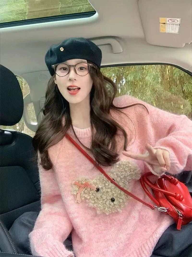 Cute Cartoon Pink Sweater Women Sweet Long Sleeve Knitted Kawaii Jumper Vintage Japan O Neck Lady Casual Lazy Wind Tops New voguable