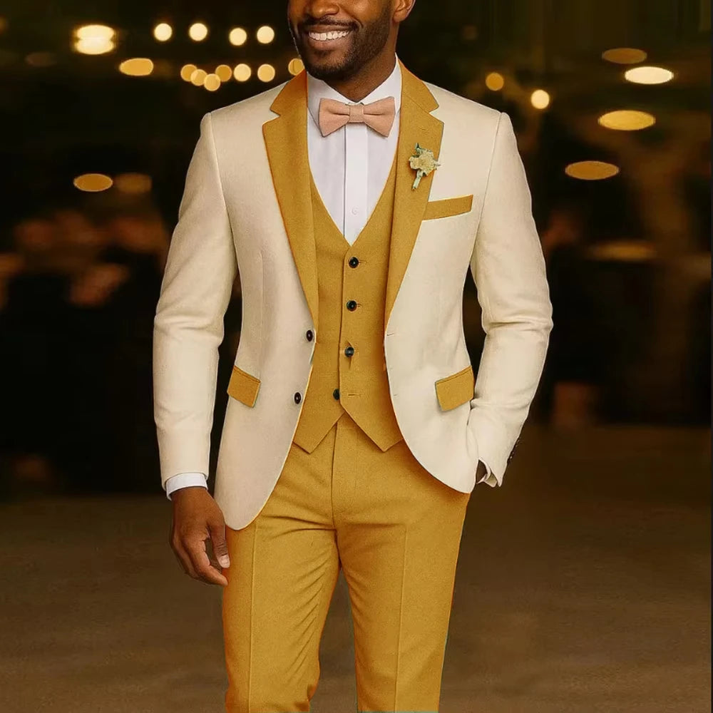 Voguable  New Solid Suits for Men Slim Fit Groom Wedding Suits Tuxedo Best Man Blazer Vest Pants 3 Pieces Fashion Marriage voguable